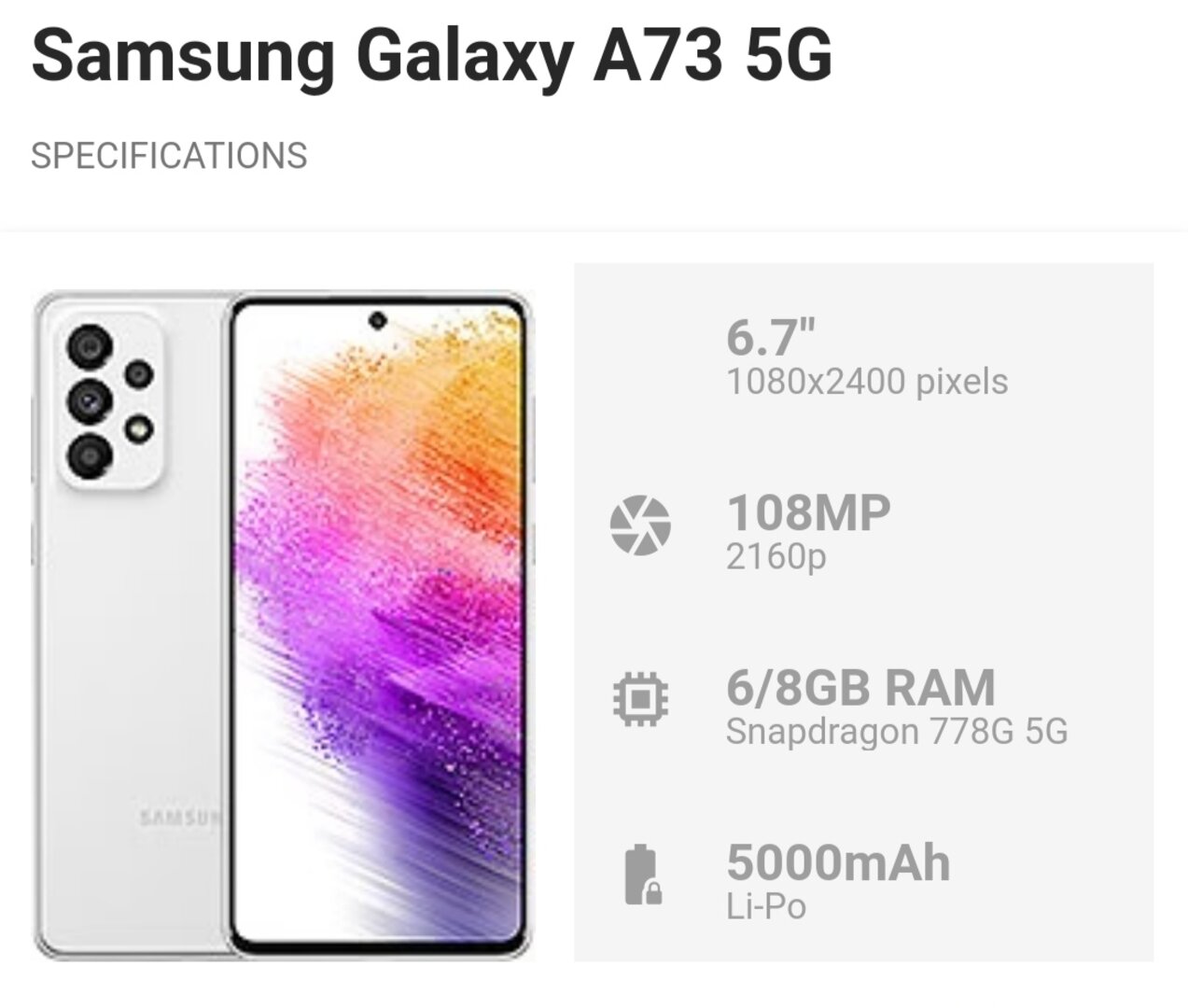 Samsung Galaxy A73 A736E/D 5G 8/128GB Mint white black dmt